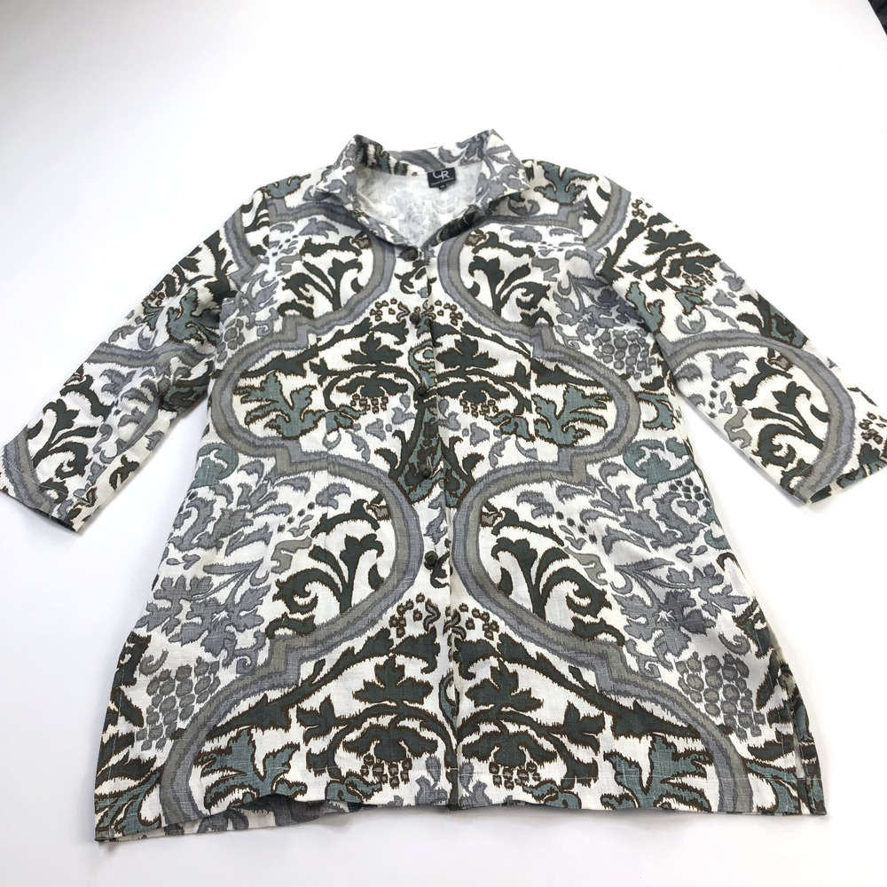 Connie Roberson XS Womens 100% Linen Button Shirt Jacket All Over Print Gray